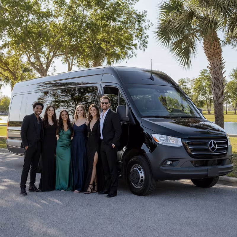 Group beside a Mercedes Sprinter limo from the Pembroke Pines fleet