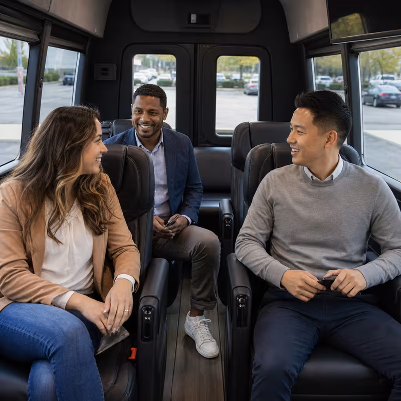 Group boarding a white charter bus for Corporate Transportation transportation in Pembroke Pines