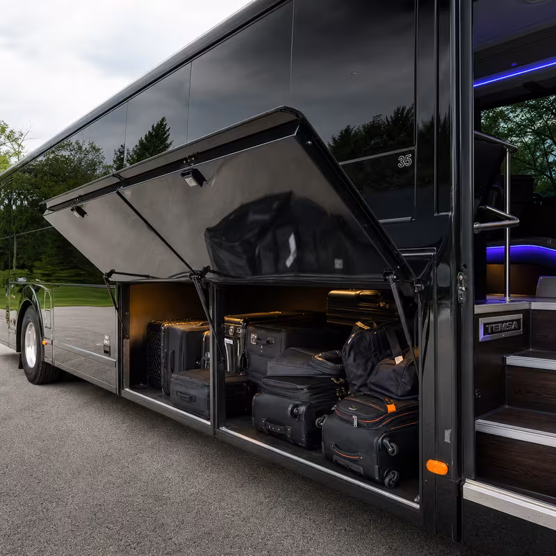 Party bus interior with wraparound leather seating and LED lighting in Pembroke Pines